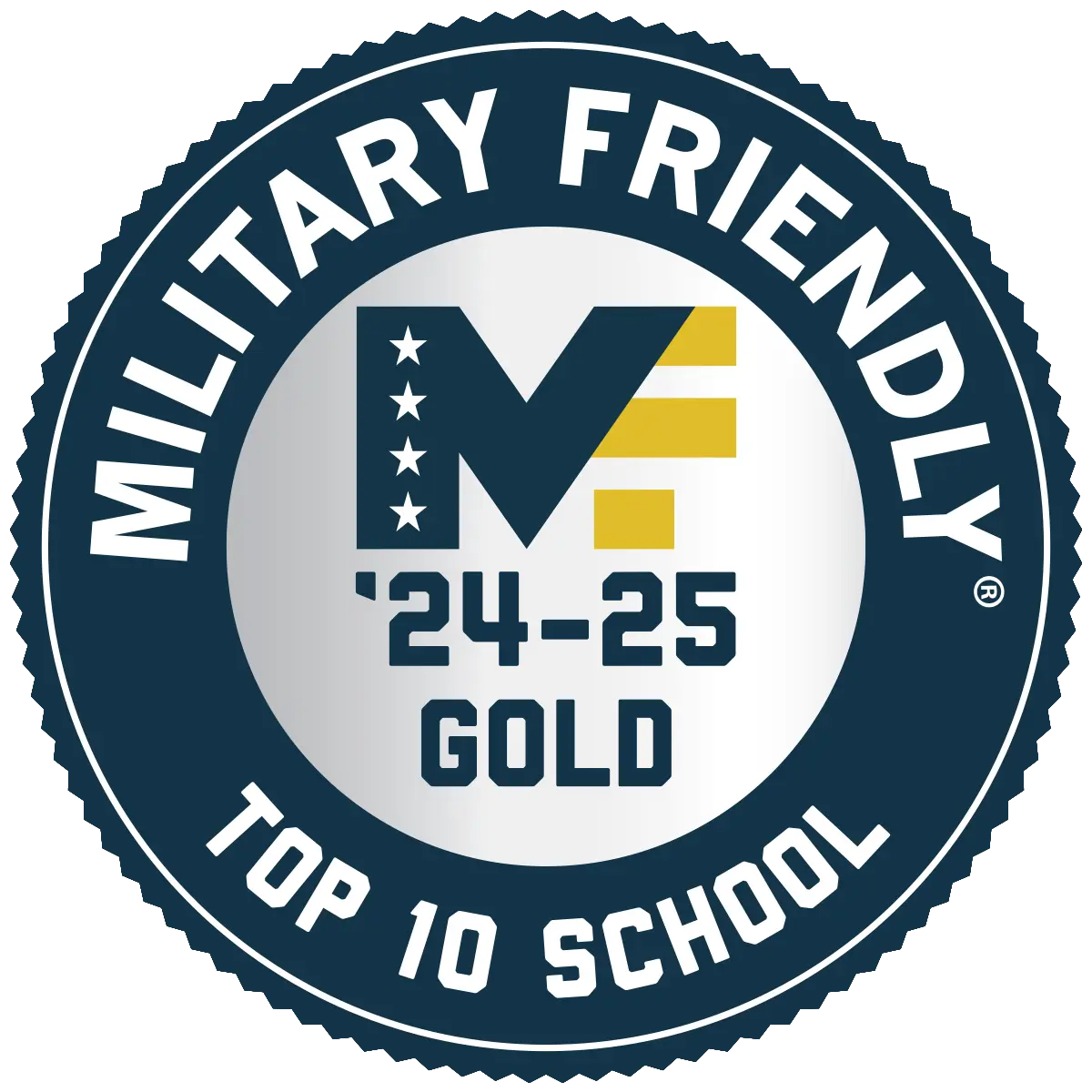 digital award badge earned for being a military-friendly top ten school for the 2024 through 25 academic year